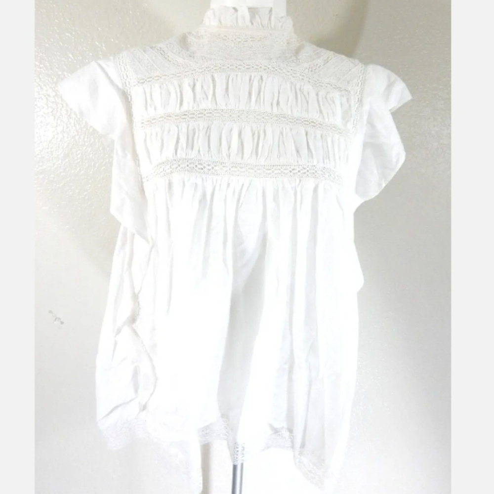 Love Sam Anthropologie Lace Inset Ruffle Sleeve Top